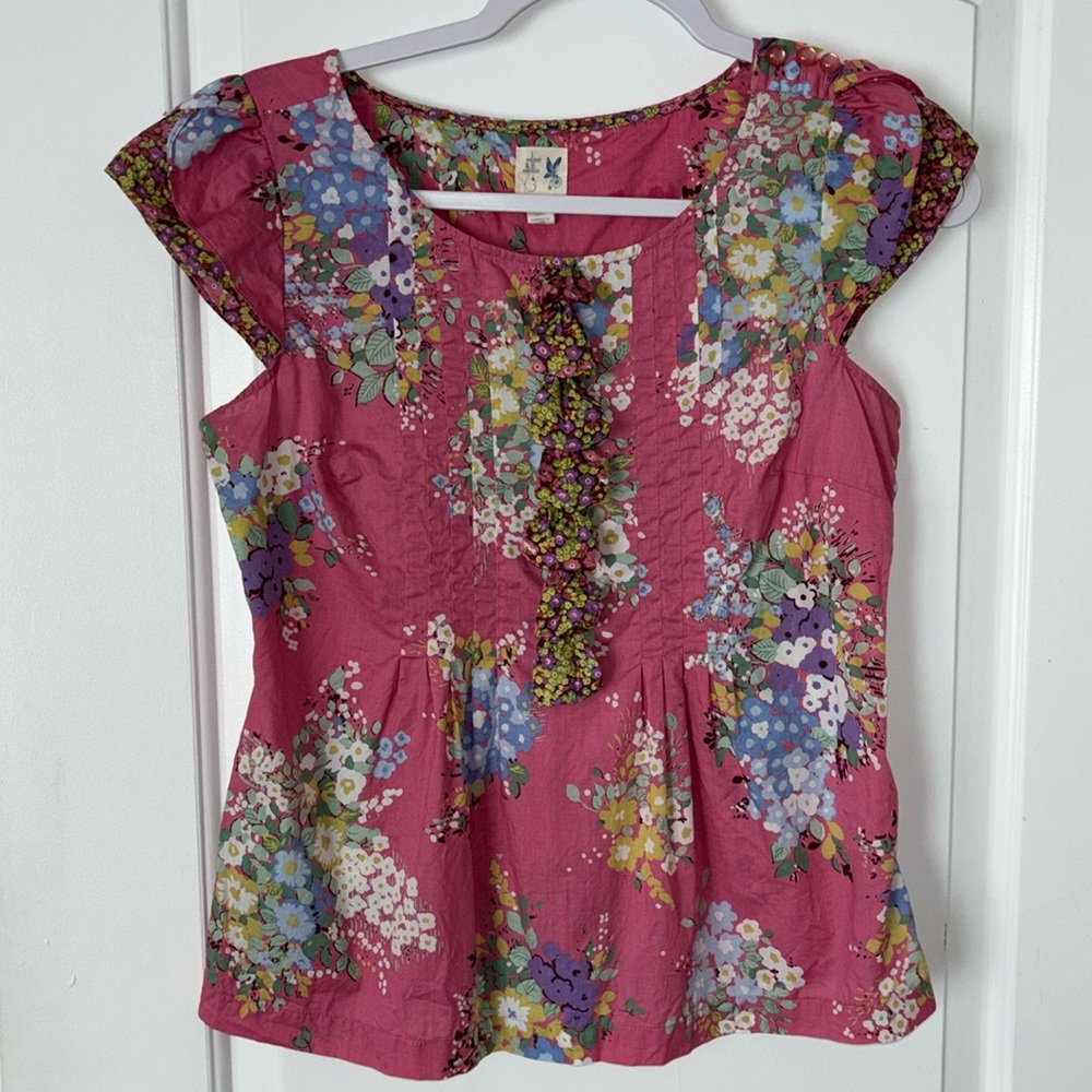 Anthropologie Gathered Floral Ruffle  Blouse